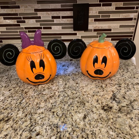 Disney Other - Disney Mickey And Minnie Mouse Halloween Pumpkin Cookie Jar Canister Set Of 2
